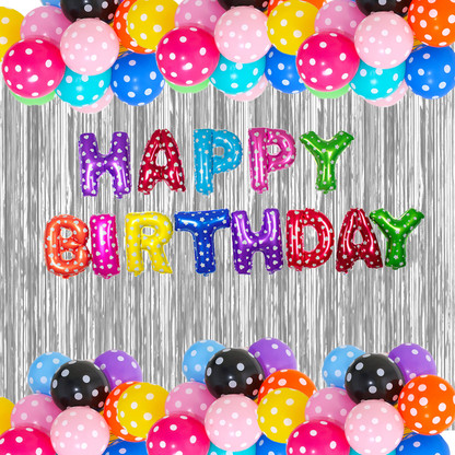 PARTY MIDLINKERZ Solid Happy Birthday Balloons Decoration Kit 66 Pcs, 1 set of Multicolor 13Pcs Happy Birthday alphabet foil balloons and 50Pcs Polka Dot Balloon Set with 2Pcs Silver Curtain and 1 Pc Ribbion for Birthday Theme Decorations Items Combo with Helium Letters Foil Balloon Banner, Latex Metallic Balloons Balloon (Multicolor, Pack of 66)
