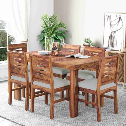 Sheesham Wood Six Seater Dining Table, Solid Oak Dining Room Set With Six Chairs