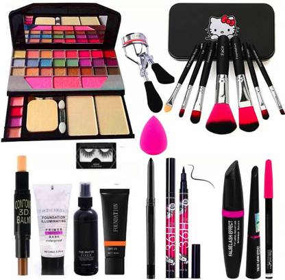 Gy Black Smudge Proof Kajal 3in1 Combo Set Eyeliner Fixer Foundation Primer Highlighter Contour Stick Eyelash Curler Of 7 Multicolour Makeup Brushes All In One Best Kit 6155 Eyeshadow Blusher Compact Lip Gloss Blender Puff Gy Black Smudge Proof Kajal 3in1