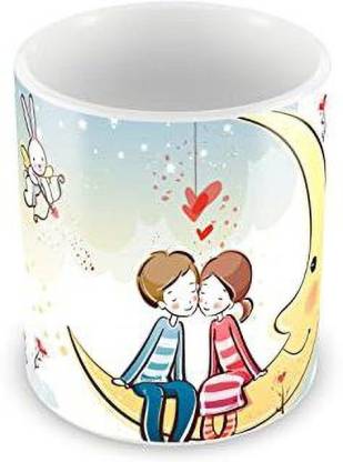 cookwell Cute Couple Cartoon On Half Moon Beautiful Printed Ceramic White  Coffee for Men / Girls / Women /