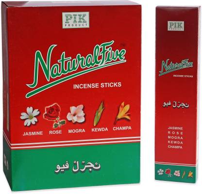 PIK Product Orginal Natural Five 180 Incense Sticks | Five Fragrance | Jasmine , Rose , Mogra , Kewda , Champa | Long Burning Stick | Pack of 6 Rose, Champa, Mogra, Kewda, Jasmine