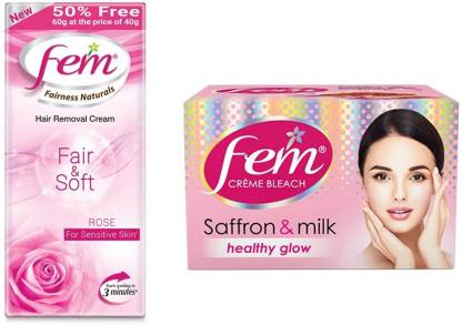 Fem hair removal cream rose for sensetive skin 60g and saffron and milk  creme bleach 64g Price in India - Buy Fem hair removal cream rose for  sensetive skin 60g and saffron