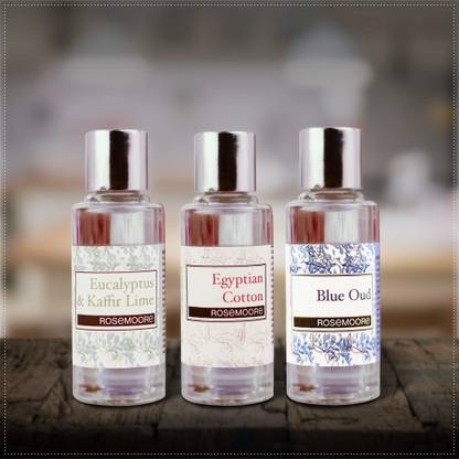 ROSeMOORe Aroma Diffuser Oil/Scented oil/Fragrance oil (Pack of 3, Eucalyptus & Kaffir Lime | Egyptian Cotton | Blue Oud - 15ml each) Aroma Oil