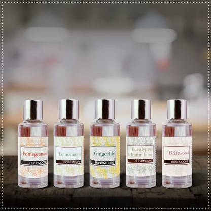 ROSeMOORe Aroma Diffuser Oil/Scented oil/Fragrance oil (Pack of 5, Pomegranate | Lemongrass | Gingerlily | Eucalyptus & Kaffir Lime | Driftwood - 15ml each) Aroma Oil