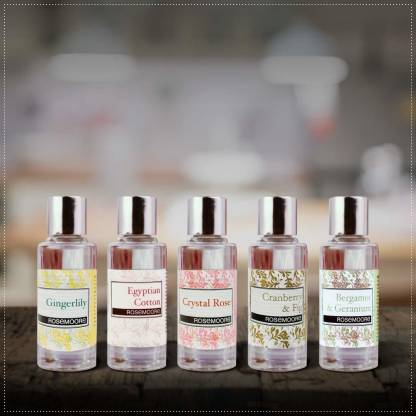 ROSeMOORe Aroma Diffuser Oil/Scented oil/Fragrance oil (Pack of 5, Egyptian Cotton | Gingerlily | Cranberry & Fig | Bergamot & Geranium| Crystal Rose- 15ml each) Aroma Oil