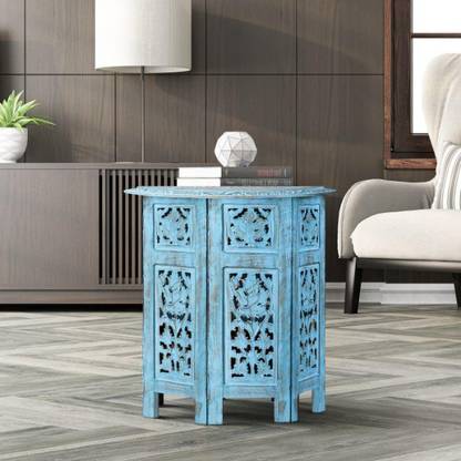 House Of Pataudi Wooden Handcrafted Carved Antique Solid Folding Sky Blue Coffee Table Wood Side In India House Of Pataudi Wooden Handcrafted, Teal Blue Side Tables