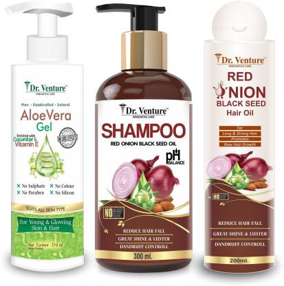 Dr Venture Aloe Vera Gel For Skin And Hair 210 ml + Red Onion Shampoo 300  ml + Onion Hair Oil 200 ml - No Sulphate, Silicone, Paraben & Colour Price  in