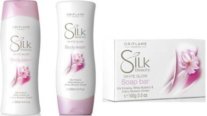 Oriflame Sweden Silk Beauty White Glow Body Wash and Body Lotion With Silk Soap