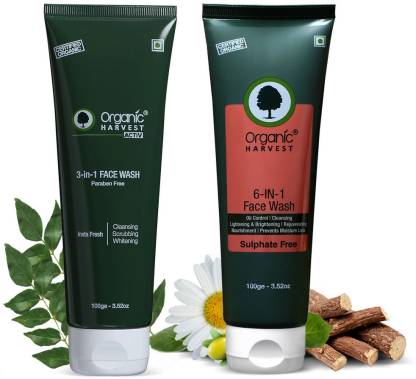 Organic Harvest 6-IN-1 Face & 3-IN-1 Face Wash Combo for Men & Women, For All Skin Type, 100% Organic, Paraben & Sulphate Free (Face Wash 100gm Each)