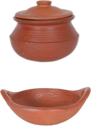 earthen fine crafts combo of Mitty kadhai and Mitty pot red with lid Handi 1 L, 3 L with Lid