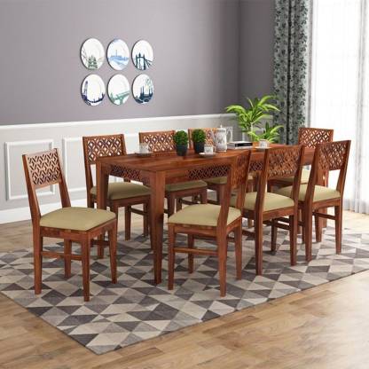Cream Solid Wood 8 Seater Dining Set, 8 Seater Table And Chairs