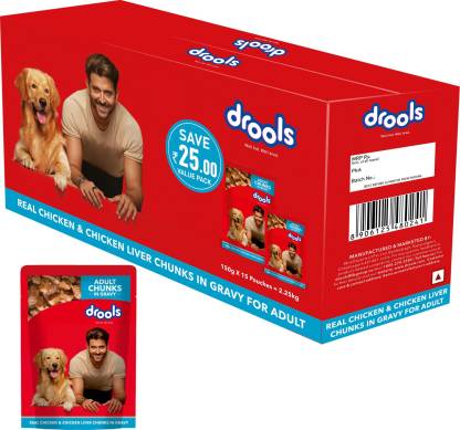 Drools Adult Wet Dog Food- Real Chicken and Chicken Liver Chunks in Gravy- 15 Pouches (15 x 150g)