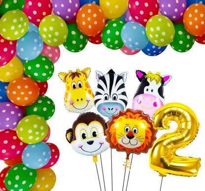  | Miss & Chief by Flipkart Printed Jungle Theme Birthday  Decoration - 37Pcs Jungle Theme 2nd Birthday Decorations Kit For Baby Boy &  Girl with Polka Dot Printed Happy Birthday Balloons,