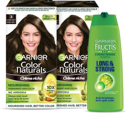GARNIER Color Naturals - Darkest Brown Hair Color, Pack of 2 + Fructis Long  and Strong Shampoo, 175ml | Ammonia Free Hair Color + Shampoo Combo Pack ,  Darkest Brown - Price