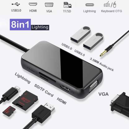 LipiWorld 8in1 Lightning to 1080P 60Hz HDMI VGA  Charger OTG Adapter  Hub For iPhone