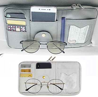 Gray PU Leather Auto Interior Accessories Pocket Organizer with Multi-Pocket with Zipper Net Car Sun Visor Organizer 