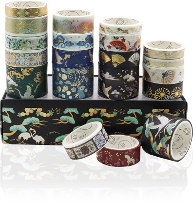 Office Party Supplies 20 Rolls Scrapbook Gift Wrapping Washi Tape Set/Christmas Washi Tape 5M Long Black Gold Foil Print Decorative Tapes for Arts Album Journals Daily Planners 