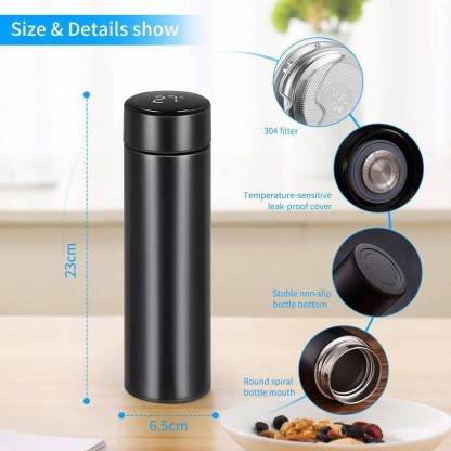 Flask for Hot and Cold Drinks Cup Travel Coffee Mug Sports Water Bottle Black Stainless Steel Vacuum Insulated Water Bottle 500ml Thermos Water Bottle Led Touch Screen Temperature Display 