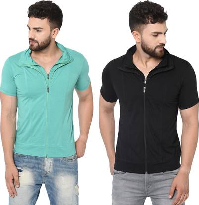 Solid Men Light Green, Black T-Shirt