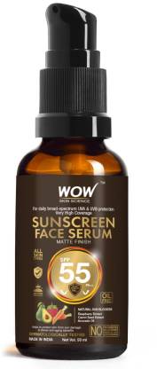 WOW SKIN SCIENCE Matte Finish Sunscreen Face Serum SPF 55 PA++ with Raspberry, Carrot Seed & Avocado Oil - OIL FREE - No Parabens, Silicones, Mineral Oil, Oxide, Colour, Benzophenone - 50mL - SPF SPF 55 PA++ PA++