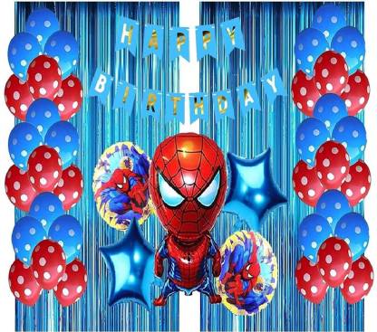  | Fun and Flex Solid Spider man Theme Happy Birthday Blue  Banner 2 Blue Curtains 15 Blue 15 Red Balloons Set of 40pcs for Birthday  Party Baby Shower for Boys/Girls Kids