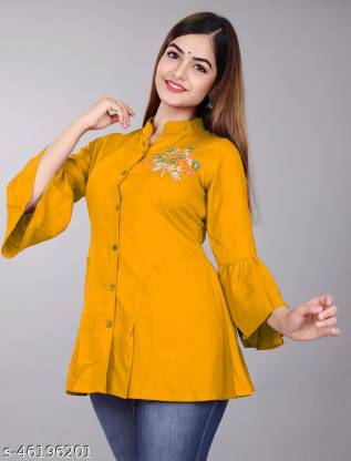 Casual Embroidered Women Yellow Top