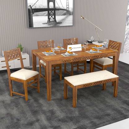 Kendalwood Furniture Premium Dining Room Wooden Table With 4 Chairs 1 Bench Solid Wood 6 Seater Set In India Kendalwood Furniture Premium Dining, Cream Colored Dining Room Chair Cushions