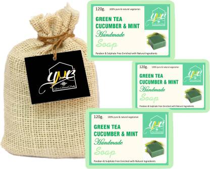 YNB YOURS NATURAL BUDDY YOURS NATURAL BUDDY Organic Green Tea, Cucumber & Mint Handmade SLS & Paraben Free Soap 120g, (Pack of 3)