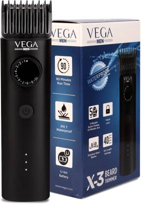 VEGA X3 Beard Trimmer For Men With Quick Charge, 90 Mins Run-time, Waterproof, For Cord & Cordless Use And 40 Length Settings, (VHTH-24) Trimmer 90 min  Runtime 10 Length Settings