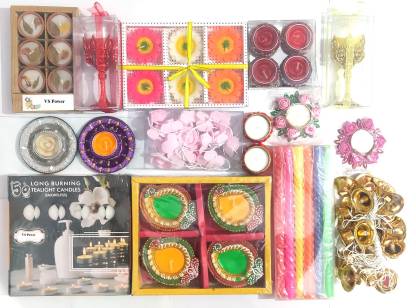 V. S Power PREMIUM CANDLES COMBO PACK ||SHAGUN PACK FOR FESTIVAL SEASON ||HANDMADE, TRADITIONAL AND DESIGNER DIYAS AND CANDLES || FOR DIWALI POOJA DECORATION & GIFT || MULTI PURPOSE CANDLE DIYA (MULTICOLOR, PACK OF 12 DIFFERENT CANDLES WITH 92 ITEMS) Candle