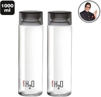 PRAGATI SALES H2O Sodalime Glass Fridge Water Bottle with Plastic Cap ( Set Of 2 - Black ) 1000 ml Bottle