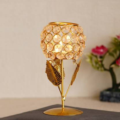 eCraftIndia Metal & Crystal Tea Light Candle Holder Stand Crystal Tealight Holder  (Gold, Pack of 1)