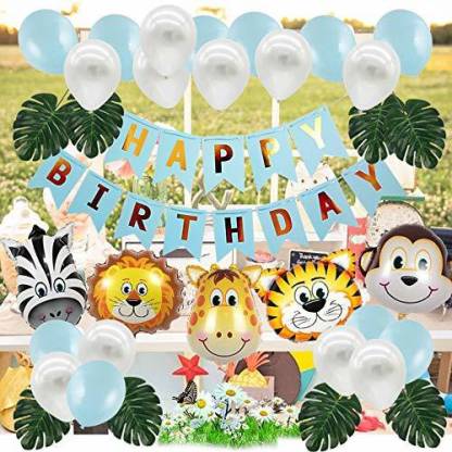 SV Traders Jungle Theme Birthday Party Decorations, Animal Theme Birthday  Party Decorations, Animal Balloons, Birthday Theme,Theme Decoration Combo  Of 73 Pcs-Blue Bunting Banner(13)+Foil Animal Faces 26 Inches  Monkey+Zebra+Giraffe+Lion+Tiger(5)+Green ...