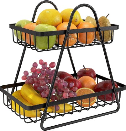 2 Tier Fruit Vegetable and Bread Storage Baskets Organizer for Kitchen Countertop Black Metal Tiered Counterpiece Fruits Holder Produce Bowl Stand Snack Rack for Modern Home Multifunctional 