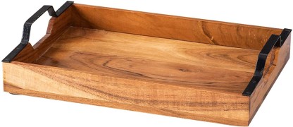 Dark Brown One Size Continenta Acacia Wood Tray with Metal Handles 