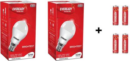 Eveready 10W LED Bulb Pack of 2 with Free 4 Batteries  (White, Pack of 2)
