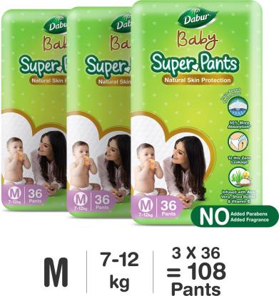 Dabur Baby Super Pants | Diaper Infused with Aloe Vera, Shea Butter & Vitamin E | Insta-Absorb Technology – M  (108 Pieces)