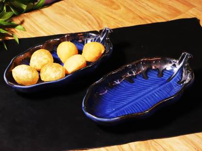 Jimkia Ceramic Platter ( Modern Blue Feather Design With Glossy Brown Touch On Top Platter,Set of 2 ) Handglazed Ceramic Serving Platter Tray For Pasta | Noodles | Fruits | Cheese | Multipurpose Serverware Platter Tray