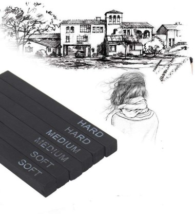 6-Pack Compressed Charcoal Sticks 2 Soft 2 Medium 2 Hard Black Shading Sketching Drawing Charcoal Sticks 