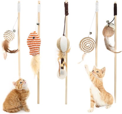 Kitten Wooden Toy Mouse On A Rod Teaser Bell Feather Play Pet Fish Bird Wand 