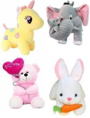 Touchy 4 X COMBO RABBIT , YELLOW UNICORN , BALLOON TEDDY BEAR , ELEPHANT WITH BEST PREMIUM QUALITY SOFT TOY, BEST GIFT FOR KIDS ON BIRTHDAY AND OTHER SPECIAL DAY, LOVABLE, DURABLE AND HUGGABLE  - 30 cm