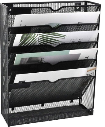 Wall File Organizer 5 Tier 6 compartments Black Metal Mesh Freestanding Wall Mounted File Holder Hanging Rack Letter Size Document Organizers Books Magazine Office Home Name Card Holder Pen Holder 