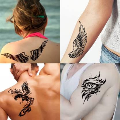 voorkoms Angel Wings, Eagle Wings Bird Black And White Design, Phoenix Wings  , Tribal Effect Eye Wings tattoo men&women Waterproof temporary tattoo for  all boys and girls pack of 4 - Price
