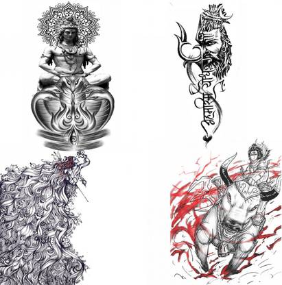 voorkoms God with shiv trishul, Ahimsam Yodha with shiva, Lord shiva with  nandi and Lord shiva Trishul with Big Jatta Waterproof Temporary Tattoo for  all boys and girls pack of 4 -