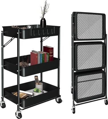 3Tier Foldable Metal Storage Shelves with Wheels Freestanding Organizer Rack Unit for Garage Kitchen Office Large Capacity Utility Book Shelf 