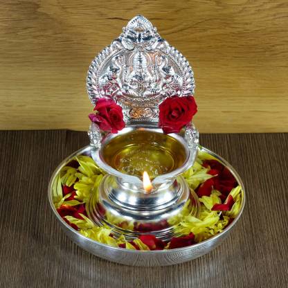 WHITE LOTUS KAMAKSHI DEEPAM WITH PLATE Silver Plated (Pack of 2) Table ...