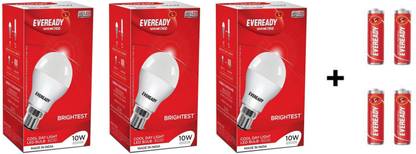 Eveready 10W LED Bulb Pack of 3 with Free 4 Batteries  (White, Pack of 3)