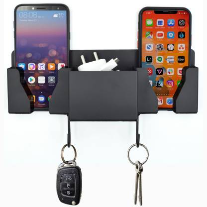 Crinds Pure Metal Wall Mount Mobile Cell Phone Stand Holder Charging Shelf For 2 Devices With Hooks Hanging Accessories In India - Wall Cell Phone Stand