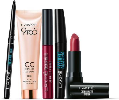 Lakmé Eyeconic Curling Mascara, Black, 9 ml+Eyeconic Kajal, Black, 0.35 g+Cushion Matte Lipstick, Red Wine, 4.5 g+9 to 5 Complexion Care Face Cream, Beige 30 g+Forever Matte Liquid Lip Colour, Red Sangria, 5.6 ml  (5 Items in the set)