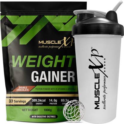 MuscleXP Weight Gainer – With 25 Vitamins and Minerals, Double Chocolate + Shaker Weight Gainers/Mass Gainers  (1 kg, Double Chocolate)